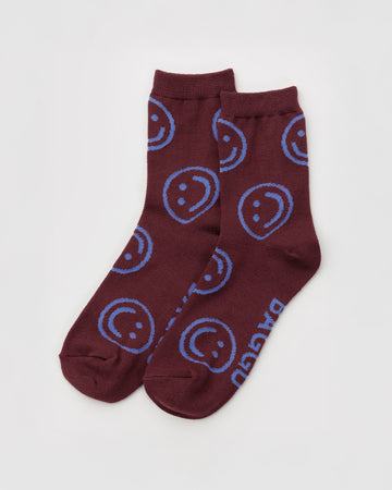 mahogany crew socks with lilac smiley faces