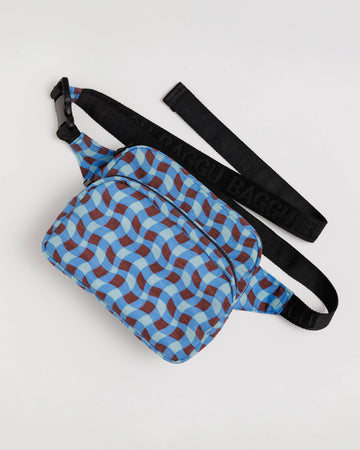 blue and brown wavy gingham nylon fanny pack