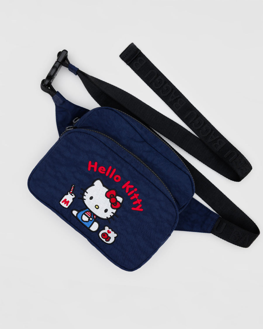 navy fanny pack with embroidered hello kitty with a milkshake and fishbowl