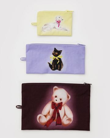 set of 3 flat pouch: small yellow fancy dog, lilac fancy cat, and large mahogany fancy teddy bear