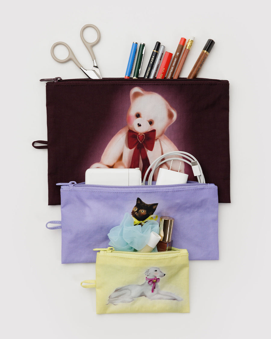 set of 3 flat pouch: small yellow fancy dog, lilac fancy cat, and large mahogany fancy teddy bear filled with items