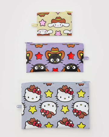 set of 3 flat pouch: small yellow western bunny, lilac medium western black cat, and blue large western hello kitty