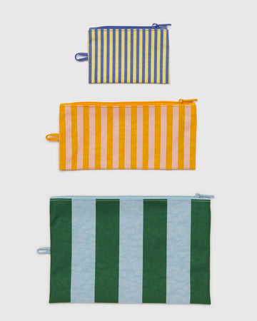 set of three stripe pouches: small blue/yellow thin stripe, medium orange/pink stripe and large blue/green large stripe