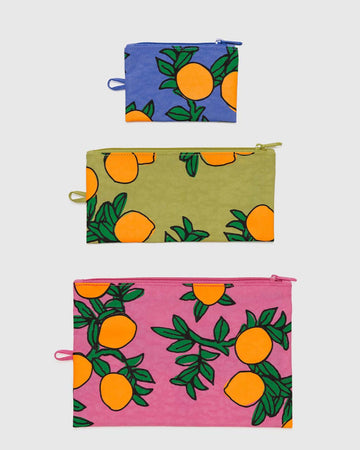 set of 3 flat pouches: periwinkle orange tree, mustard orange tree, and pink orange tree