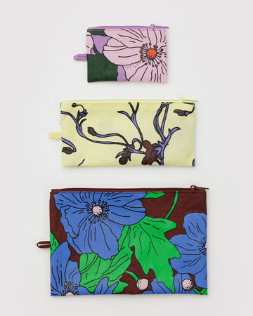 set of 3 flat pouch: small lilac poppy,  yellow medium snapdragon, and maroon large poppy