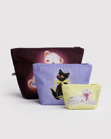 set of 3 go pouch: small yellow fancy dog, lilac fancy cat, and large mahogany fancy teddy bear