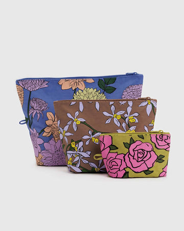 set of 3 nylon pouches: small roses, medium orchids and large dahlias