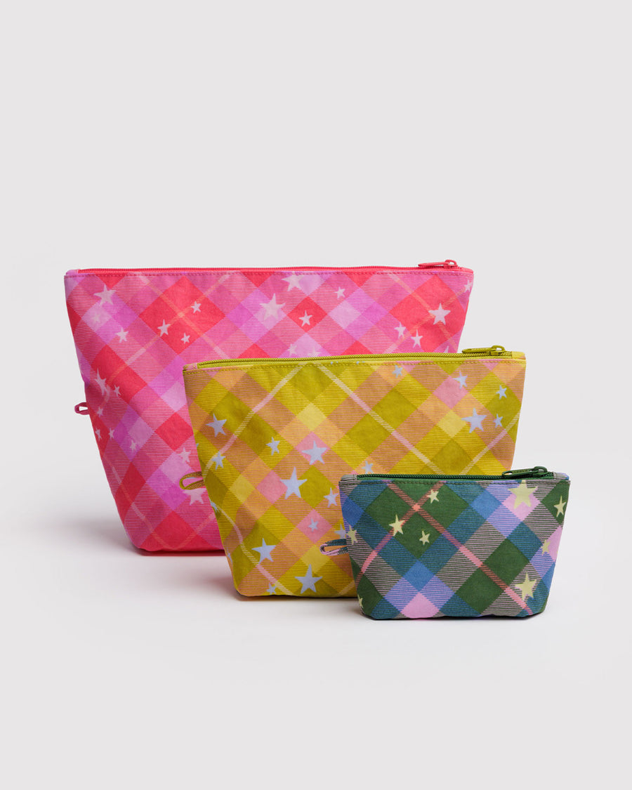 set of 3 go pouch: small blue/green plaid star, medium yellow plaid star, and large pink plaid star