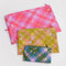 flattened set of 3 go pouch: small blue/green plaid star, medium yellow plaid star, and large pink plaid star