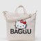 tan horiztonal zip duck bag with hello kitty face and large 'BAGGU' across the front