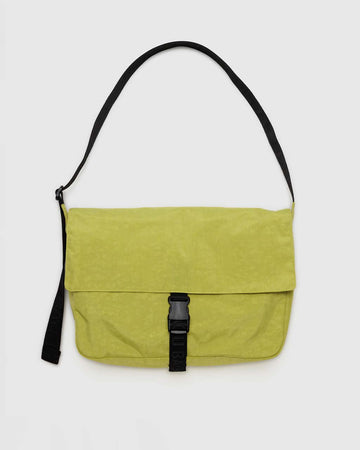 lemongrass nylon messenger bag with black front buckle