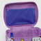 up close of lavender interior of purple large cosmetic bag with hello kitty and yellow tulips print