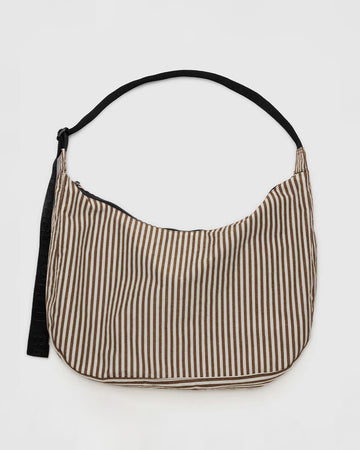 two tone brown vertical stripe large crescent bag