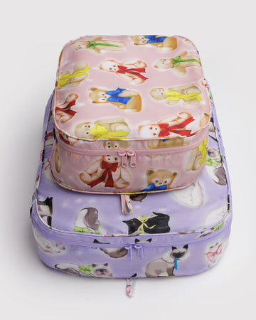 set of 2 large packing cubes: small pink fancy teddy bears, and lilac large fancy cats