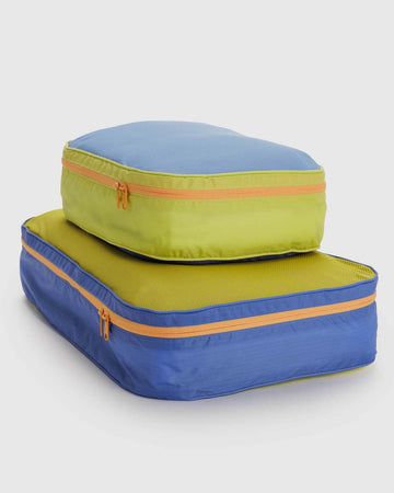 set of 2 large packing cubes: periwinkle and lime green and green mesh with royal blue
