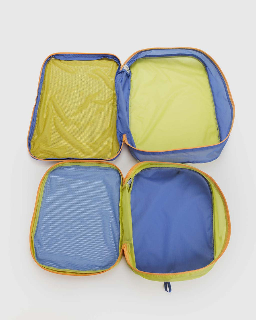 inside of set of 2 large packing cubes: periwinkle and lime green and green mesh with royal blue