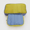 front view of set of 2 large packing cubes: periwinkle and lime green and green mesh with royal blue