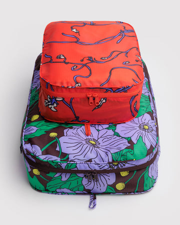 set of 2 large packing cubes: small red snapdragon, and large maroon poppy