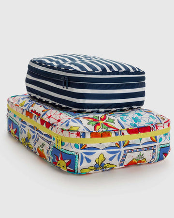 set of two large packing cubes: white and navy stripe and sun and retro vacation tile print