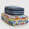 set of two large packing cubes: white and navy stripe and sun and retro vacation tile print