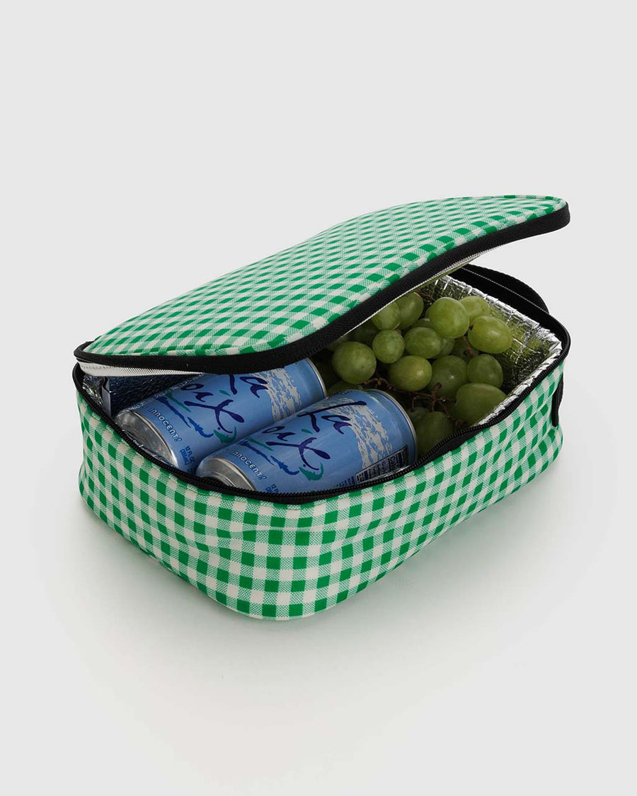 white and green gingham lunch box filled with la croixs and grapes