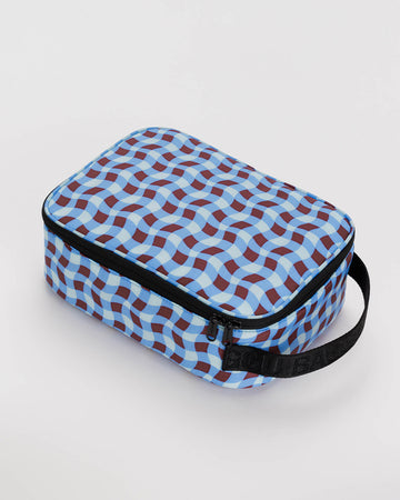blue and brown wavy gingham print lunch box