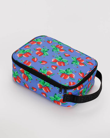 periwinkle lunch box with pixelated wild strawberry print