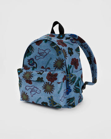 denim blue medium nylon backpack with all over floral and bird print