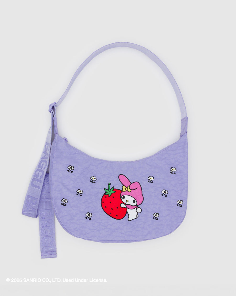 lavender medium nylon crescent bag with embroidered my melody hugging a strawberry and white flower print