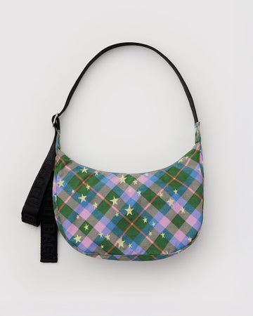 medium crescent bag with green, blue and pink plaid with yellow stars