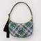 medium crescent bag with green, blue and pink plaid with yellow stars