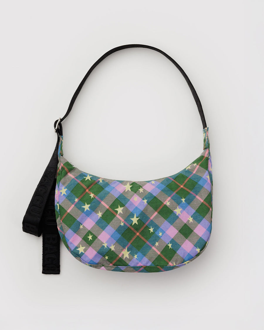 medium crescent bag with green, blue and pink plaid with yellow stars