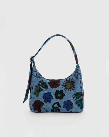 digital denim mini nylon shoulder bag with colorful flower and bird print