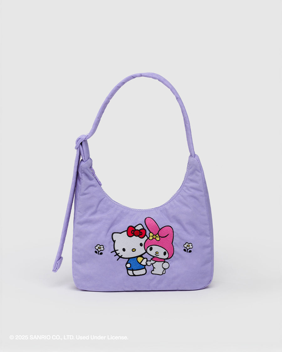 lavender mini nylon shoulder bag with embroidered hello kitty and my melody holding hands
