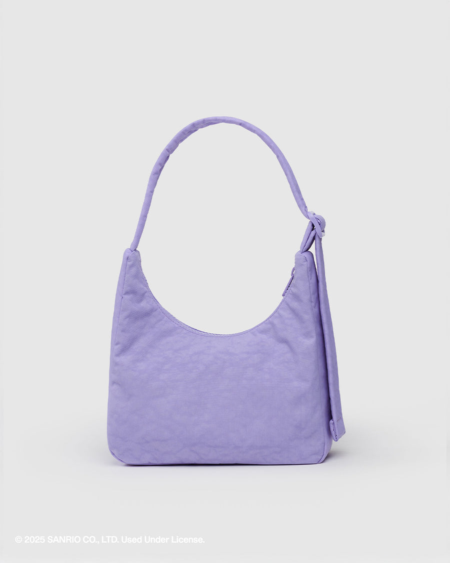 back view of lavender mini nylon shoulder bag with embroidered hello kitty and my melody holding hands