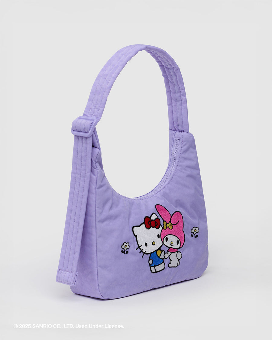 side view of lavender mini nylon shoulder bag with embroidered hello kitty and my melody holding hands