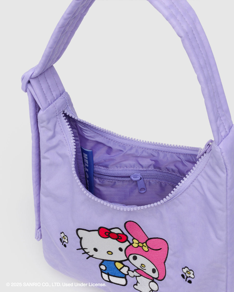 interior zipper of lavender mini nylon shoulder bag with embroidered hello kitty and my melody holding hands