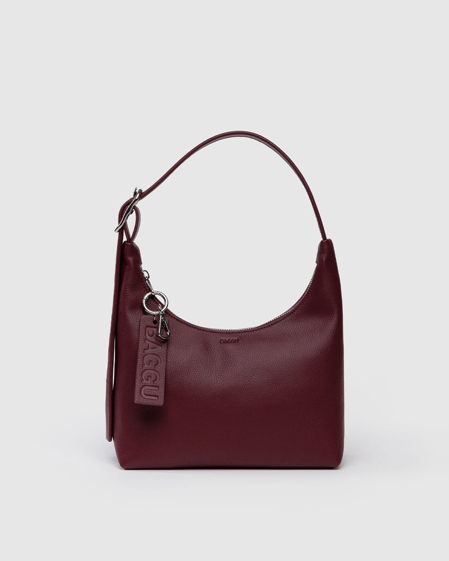 mahogany recycled leather mini nylon shoulder bag with matching strap and trim