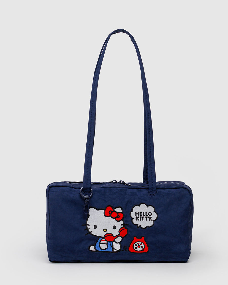 navy nylon bowler bag with embroidered hello kitty talking on a red phone