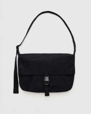 black nylon messenger bag with black front buckle