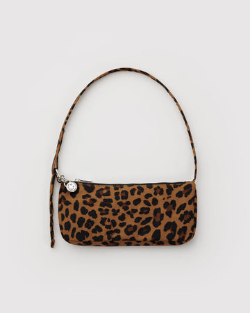 nylon leopard pochette bag with smiley charm and adjustable shoulder strap