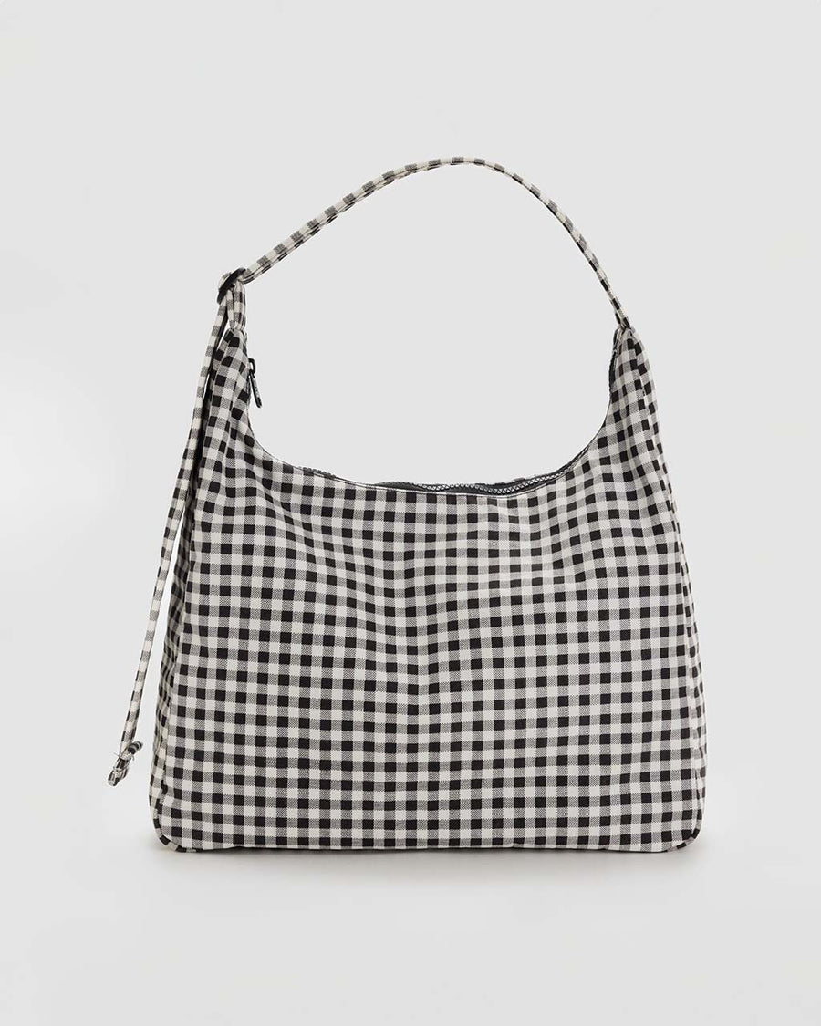 black and white gingham nylon shoulder bag