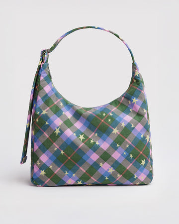green and pink plaid star nylon shoulder bag
