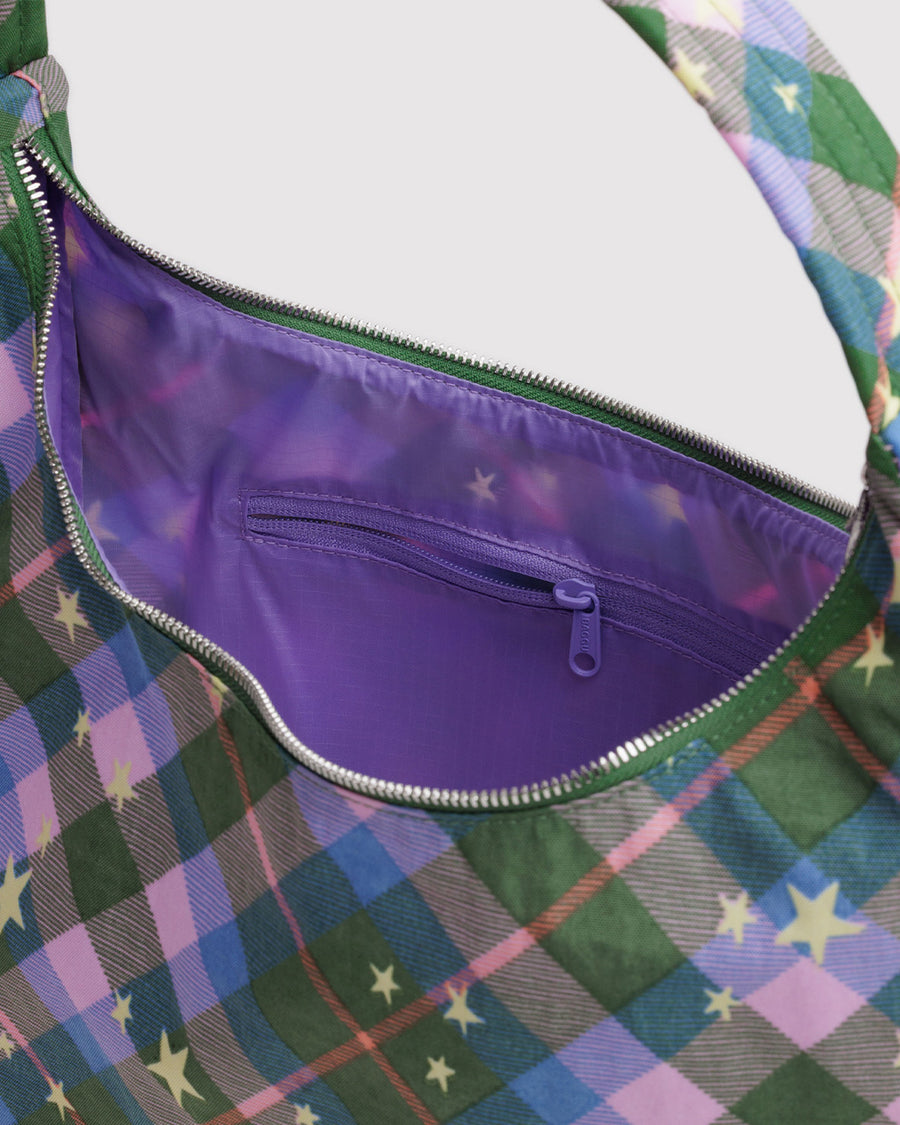 interior of green and pink plaid star nylon shoulder bag