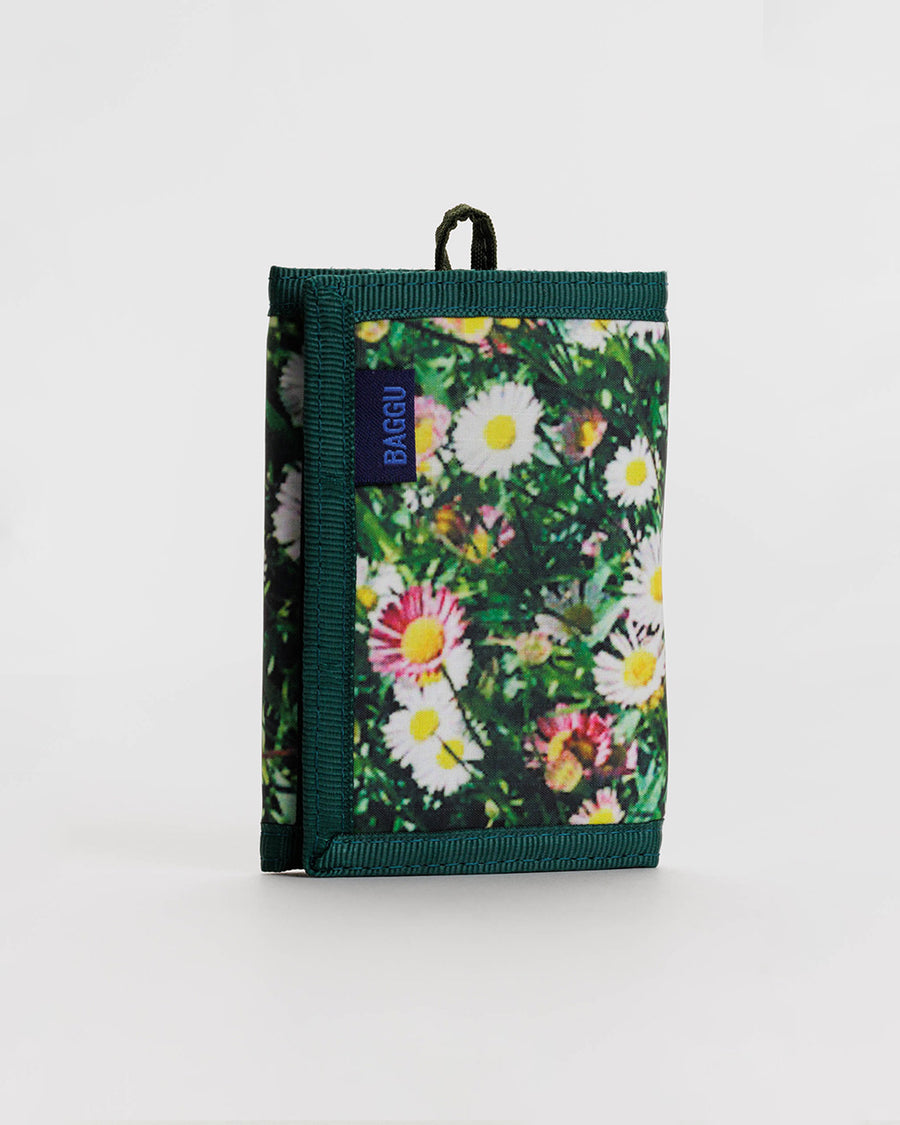 realistic daisy print wallet with dark green trim