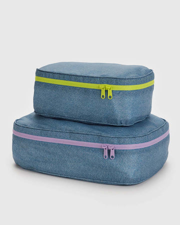 set of two digital denim packing cubes with neon zippers