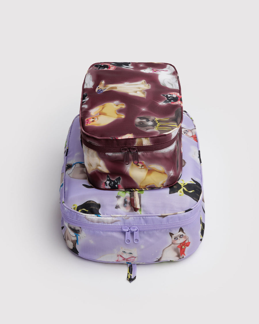 set of two packing cubes: small maroon fancy dogs and large lilac fancy cats