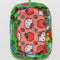 un-packed set of two packing cubes: small pink hello kitty apple and medium green hello kitty and friends scene