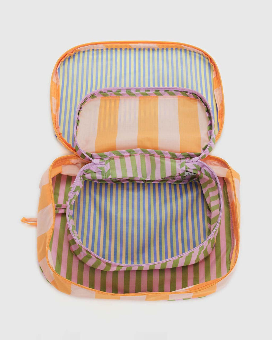 interior of set of 2 colorful multi stripe packing cubes