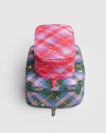 set of two packing cubes: small pink plaid star and large blue/green plaid star